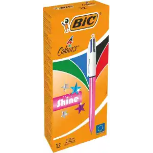 BIC 4 Colours Shine Pembe Gövde Tükenmez Kalem 12li Kutu, 4 Renk (Mavi, Siyah,Yeşil ve Kırmızı), 1.0 mm. Uç