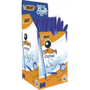 BIC Cristal Soft Tükenmez Kalem, Mavi, 50li Kutu, 1.2 mm Orta Kalınlıkta Uç, Şeffaf Gövde, Delikli Kapak