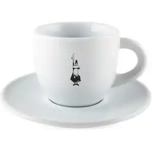 Bialetti - Moka Kahve Fincanı ve Tabağı - 80mL - Bialetti İkonik Bıyıklı Adam Desenli - Porselen