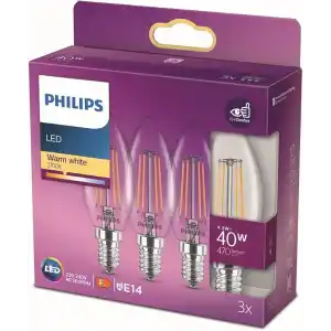Philips LED Classic 40W B35 Led Mum Filament Ampul, 2700K Sarı Işık, E14 İnce Duy, Dim Edilmez, 3lü Ekopaket