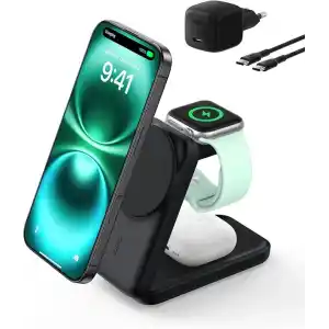 Belkin UltraCharge MagSafe Uyumlu 3’ü 1 Arada Qi2 25W Kablosuz Şarj Cihazı, iPhone 17, Apple Watch, AirPods, Pixelsnap, Dönüştürülebilir Masaüstü Standı, 45W Adaptör, Siyah