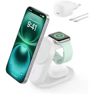 Belkin UltraCharge MagSafe Uyumlu 3’ü 1 Arada Qi2 25W Kablosuz Şarj Cihazı, iPhone 16, Apple Watch, AirPods, Pixelsnap, Dönüştürülebilir Masaüstü Standı, 45W Adaptör, Beyaz