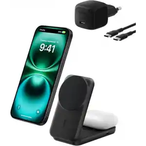 Belkin UltraCharge MagSafe Uyumlu 2’si 1 Arada Qi2 25W Kablosuz Şarj İstasyonu, iPhone 17, AirPods, Pixelsnap, Dönüştürülebilir Masaüstü Standı, USB-C Portlu, 45W Adaptör, Siyah