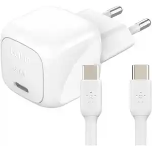 Belkin BoostCharge Kompakt Duvar Şarj Cihazı 30 W, Seyahat Dostu USB-C Power Delivery Hızlı Şarj, iPhone, Samsung Galaxy, iPad, AirPods, Tablet ve Daha Fazlası, USB-C’den USB-C’ye Kablo ile, Beyaz