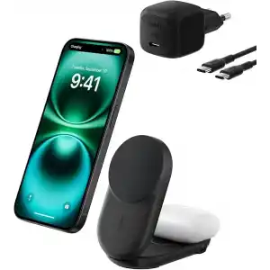 Belkin UltraCharge MagSafe Uyumlu 2’si 1 Arada Qi2 25W Kablosuz Şarj İstasyonu, iPhone 16, AirPods, Pixelsnap, Dönüştürülebilir Masaüstü Standı, USB-C Portlu, 45W Adaptör, Siyah