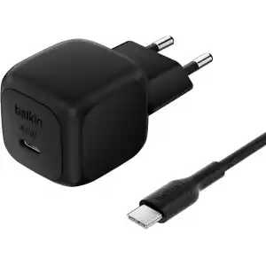 Belkin Kompakt Duvar Şarj Cihazı 45 W + USB-C - USB-C Kablosu, Apple iPhone 17, 16, 15, 14, Plus, Pro, Pro Max, Samsung Galaxy S25 Serisi, S24, Pixel 9, iPad, AirPods ve Fazlası için Hızlı Şarj, Siyah