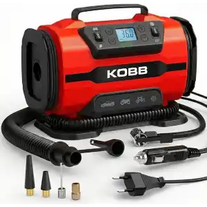 KOBB KB301 Dijital Lastik Şişirme Pompası, 12V/220V, 150 PSI, 35L/dk Hava Akışı, LED Ekran, Siyah, 1.6kg