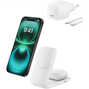 Belkin UltraCharge MagSafe Uyumlu 2’si 1 Arada Qi2 25W Kablosuz Şarj İstasyonu, iPhone 16, AirPods, Pixelsnap, Dönüştürülebilir Masaüstü Standı, USB-C Portlu, 45W Adaptör, Beyaz