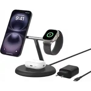 Belkin 3ü 1 Arada Manyetik MagSafe Uyumlu Qi2 15W Kablosuz Şarj Standı, iPhone 16, 15, 14 ve 13 Serisi, AirPods, Apple Watch vb. için Hızlı Şarj Özellikli iPhone Şarj Cihazı (PSU dahil) - Siyah