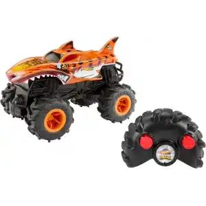 Araziye ve aksiyona uygun tekerlekleri ile uzaktan kumandalı, 1:24 ölçekli büyük Hot Wheels Monster Trucks Tiger Shark oyuncak kamyon, HNV03