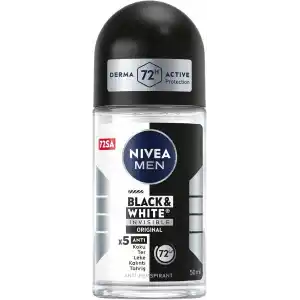 NIVEA MEN Erkek Roll On Deodorant Black&White Invisible Original 50 ml,72 Saat Anti-perspirant Terleme ve Ter Kokusuna Karşı Koruma,Giysilerde Leke Karşıtı,Erkeksi Koku,Etil Alkol İçermez