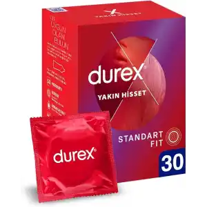 Durex Yakın Hisset İnce Prezervatif 30Lu, Standart Fit, Kokusuz, Lateks