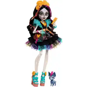 Monster High Renkli papel picado elbisesi giyen Monster High Skelita Calavera bebek, köpekçiği Candelita ve eskiz defteri, atıştırmalık ve çapraz çanta gibi 7 aksesuar, JHK34
