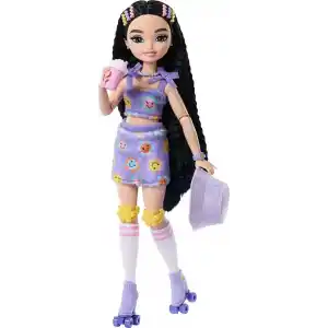 Barbie Rüya Arkadaşlar bebek ve aksesuarları, eklemleri bükülebilen, siyah saçlı, Patenci Renee bebek, video ve yemek temalı 12 parça, JFX99