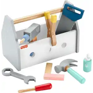 Fisher-Price, 3 yaş ve üzeri çocuklar için 9 ahşap parçadan oluşan Ahşap Tamir Kutusu ve oyuncak matkap, HYG50
