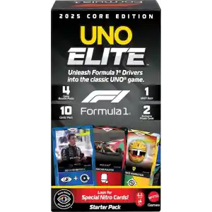 Çocuklar, hayranlar, aileler ve oyun geceleri için Mattel Games UNO Elite F1 Kartlar - Başlangıç Paketi kart oyunu, 4 Ek Kart Paketi ve 2 Özel Kart, JLV42