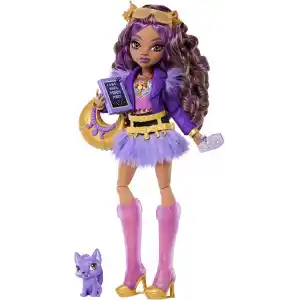 Mor motosiklet ceketi ve tüylü etek giyen Monster High Clawdeen Wolf bebek, kurt Crescent ve kitap, kruvasan ve çanta gibi 7 aksesuar, JHK30