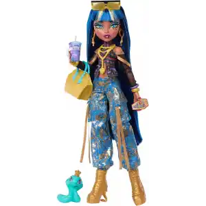 Kısa bluz ve altın rengi detaylı kot kargo pantolon giyen Monster High Cleo De Nile bebek, evcil yılanı Hissette ve salata, smoothie ve çanta gibi 7 aksesuar, JHK32