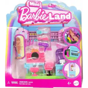 Barbie Mini BarbieLand koleksiyona uygun oyun seti, 4 cmlik bebek, aynalı kuaför tezgahı, şampuan bölümü ve hikaye anlatımına yönelik karşılama masası ile Kuaför Salonu, JCR32