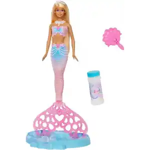 Baloncuk yapma özelliği ve solüsyonu ile uzun ve renkli meçli sarı saçları olan Barbie Baloncuk Rüyası Deniz Kızı bebek, tepsi ve tarak, JLW56