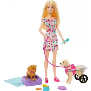 Barbie 2 oyuncak köpek ve aksesuarlarıyla Barbie bebek, tekerlekleri dönen çıkarılabilir yürüteçli köpekçik, 10dan fazla parçalı set, HTK37