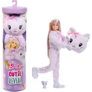 Barbie Cutie Reveal bebek ve aksesuarları, Yumuşak Dostlar Serisi kedicik, renk değişimi ve mini evcil hayvan dahil 10 sürpriz, JJP64