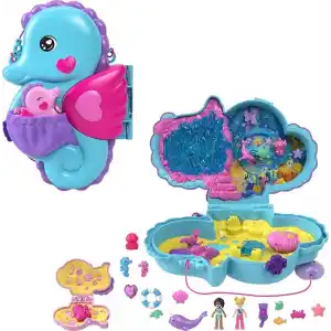 POLLY POCKET™ BABAM VE BEN™ denizatı çanta Polly Pocket Babam ve Ben denizatı çanta, 2 mikro bebek, evcil hayvanlar ve 13 aksesuar, 2si 1 arada çanta ve oyuncak ile Shani HWP03