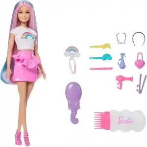 Barbie Gökkuşağı Saçlar bebeği, ekstra uzun ve renkli saçlar, sim tüpü, fırça, toka ve saç kurutma makinesi gibi 12 şekillendirme aksesuarı, JJP07