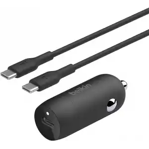 Belkin BoostCharge 30W Hızlı Araç Şarj Cihazı, USB-C Güç Dağıtım Portlu Kompakt Tasarım, USB-C - USB-C Kablosu Dahil, iPhone 16, 15, Galaxy S23, Note ve Daha Fazlası için Evrensel Uyumluluk - Siyah