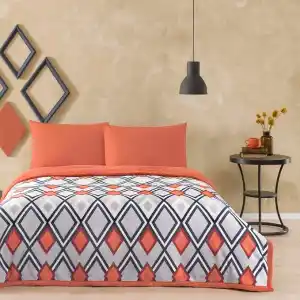 Taç Harlow Geometrik Desenli%100 Pamuk Battaniye Takımı, Turuncu, Çift Kişilik