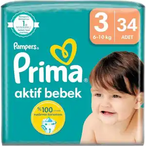 Prima Bebek Bezi Aktif Bebek 3 Beden 34 Adet Standart Paket