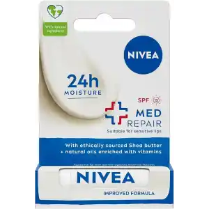 NIVEA Med Repair Dudak Bakım Kremi, 24 Saat Nem,Doğal Yağlar ile Çatlamış Dudak Bakım,SPF 15 (4,8 ml)