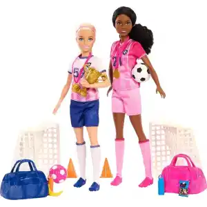 Barbie kariyer bebekleri ve 15 aksesuar, Barbie Brooklyn ile sarı saçlı ve minyon bebek, 2 kale, 2 top ve daha fazlasıyla Futbolcu Bebekler oyun seti, HRG88