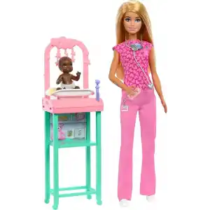 Barbie Kariyer Oyun Setleri - Doktor Bebek Çocuk Doktoru Barbie, sarışın bebek, 1 bebek figürü, mobilya ve aksesuarlar JCR72