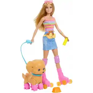 Barbie Paten ve Koşu Arkadaşım oyun seti, sarışın bebek ve paten kayan köpekçik, tasma, uyumlu patenler, güneş gözlükleri ve evcil hayvan aksesuarları, JMJ44