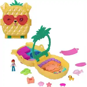 Polly Pocket mini bebek ve aksesuarları ile Ananas Köpekçik Plajı mini oyun seti, mikro bebek ve evcil hayvanlar dahil 8 aksesuar, JFV00