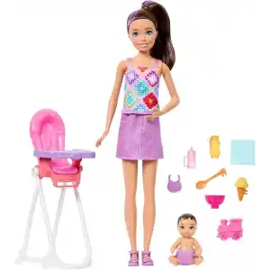 Barbie Bebek Bakıcısı Skipper oyun seti, kahverengi saçlı yetişkin ve küçük bebek, mama sandalyesi ve yiyecek dahil 8 aksesuar, JJB44