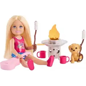 Barbie Chelsea Aile ve Dostlar Doğa Maceraları oyun seti, küçük sarışın bebek, oyuncak köpekçik ve 5ten fazla kamp aksesuarı, JJV61