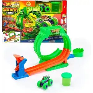 Hot Wheels Monster Trucks Mutant Kaosu Çemberde Yarış Oyun Seti, 1:64 ölçekli Wreckin Wolf, 110 gramlık Slime, 2 oynama şekli, JMK91