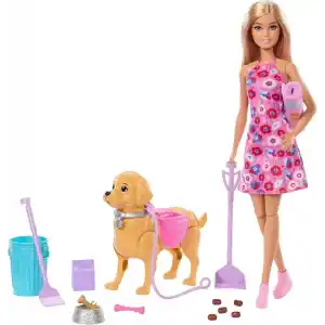 Barbie ve Köpekçiğin Yürüyüş Zamanı oyuncak seti, yürüyen ve tuvaletini yapan oyuncak köpek, Barbie Malibu bebek, kürek ve evcil hayvan aksesuarları, JJB46