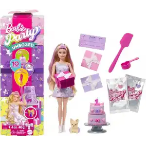 Barbie Parti Paketi bebek ve aksesuarlar, Minik Dostumun Doğum Günü serisi Doğum Günü Fiyonkları seti ve renk değişimi ile pasta süsleme etkinliği dahil 10 sürpriz, JFG70