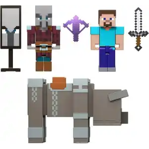 8 cmlik koleksiyona uygun Mattel Minecraft Köy Baskını Paketi, Steve dahil 3 aksiyon figürü ve aksesuarlar, JJT18