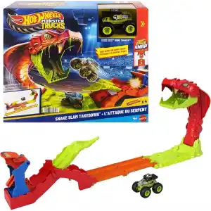 Hot WheelsMonster Trucks Snake Bite Güç Darbesi Oyun Seti, 1:64 ölçekli özel Bone Shaker ve pist, JJN44