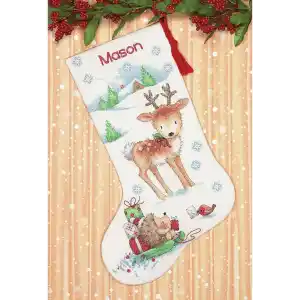 Dimensions Kanaviçe Ren Geyiği ve Kirpi Kişiselleştirilmiş Noel Çorap Seti, Beyaz 14 Adet Aida, 40 cm