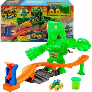Hot Wheels Monster Trucks Mutant Canavarla Mücadele oyun seti, 1:64 ölçekli Mutant Rhinomite oyuncak kamyon ve 110 gram yeniden kullanılabilir Slime, JMK90
