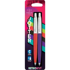 PARKER Jotter Originals Tükenmez Kalemler | Retrowave Koleksiyonu | Vermilion Kırmızı ve İndigo Moru | Mavi Mürekkep | Orta Nokta | 2 Adet