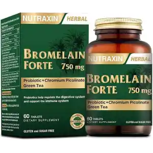 Nutraxin Bromelain Forte – 750 mg Bromelain, Yeşil Çay Ekstresi, Krom ve Probiyotik İçeren Tablet – 60 Tablet – Alerjen İçermez