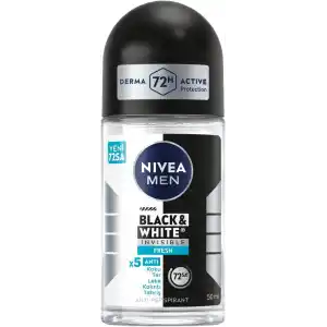 NIVEA MEN Erkek Roll On Deodorant Black&White Invisible Fresh 50 ml,72 Saat Anti-perspirant Terleme ve Ter Kokusuna Karşı Koruma,Giysilerde Leke Karşıtı,Erkeksi Koku,Etil Alkol İçermez