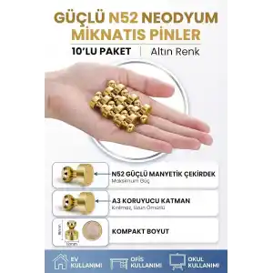 Manyetik Metal Pano Mıknatısı Altın Sarısı 10lu Set - Güçlü Neodyum Mıknatıs, Magnetic Push Pin, Kağıt Tutucu