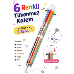 TELVESSE 6 Renkli Basmalı Tükenmez Kalem Siyah Mavi Kırmızı Turuncu Yeşil Mor Çok Renkli Tükenmez Kalem P3515